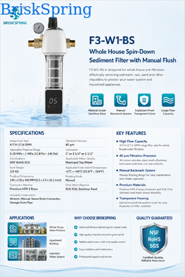 BriskSpring F3-W1-BS Whole House Spin-Down Sediment Pre-Filter with 40 Micron Filtration SUS316L Stainless Steel Mesh and Integrated Pressure Gauge
