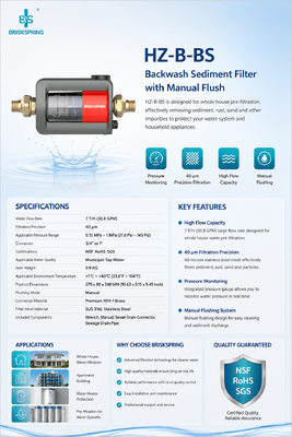BriskSpring HZ-B-BS 40 Micron Whole House Sediment Pre Filter with SUS316L Stainless Steel Mesh and 7 T/H High Flow Capacity